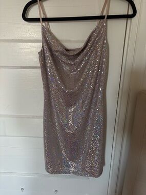 Holographic Sequin Cowl Mini Dress in Light Pink